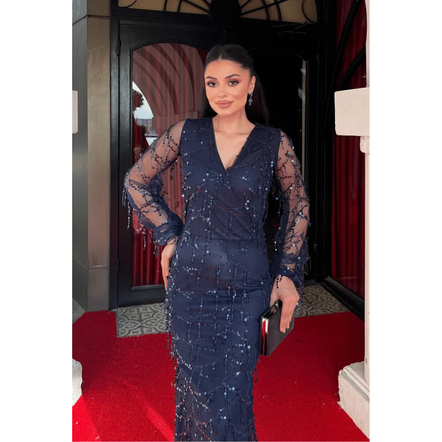 Sequin Fringed Design Dress - Black