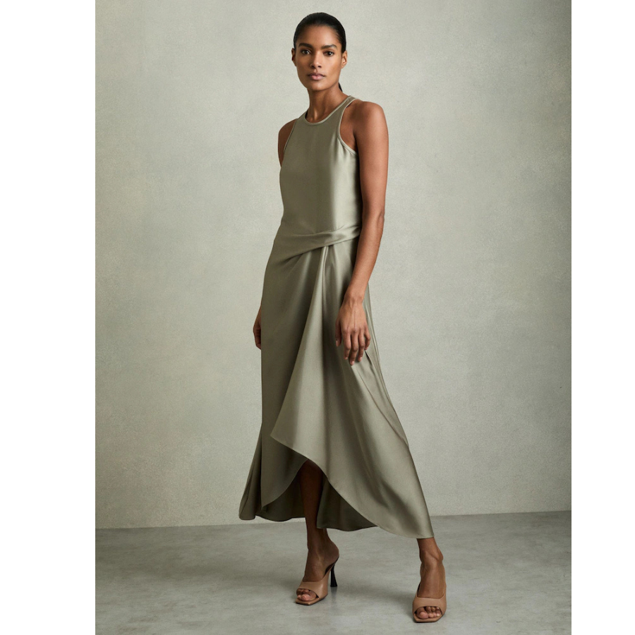 Reiss Khaki Micah Satin Drape Tuck formal Dress