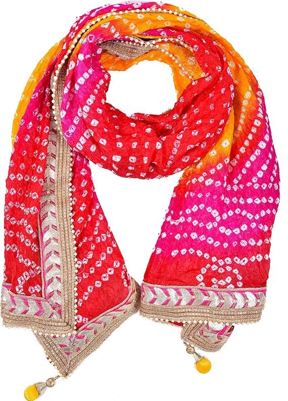 PK HUB Women's Silk Jaipuri Rajasthani Bandhani Bandhej Heavy Dupatta with Gota Work and Latkan, RED&RANI&YELLOW, Free Size