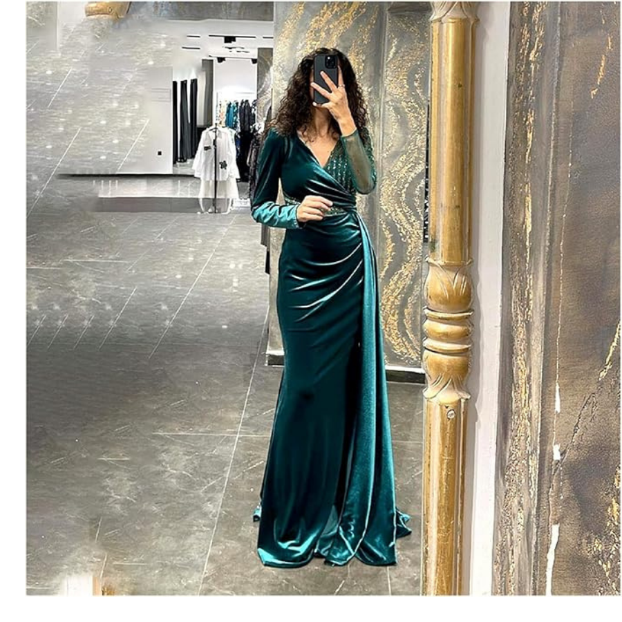ZSQAW Evening Dresses Beads Long Sleeve V Neck Dubai Formal Evening Party Gowns