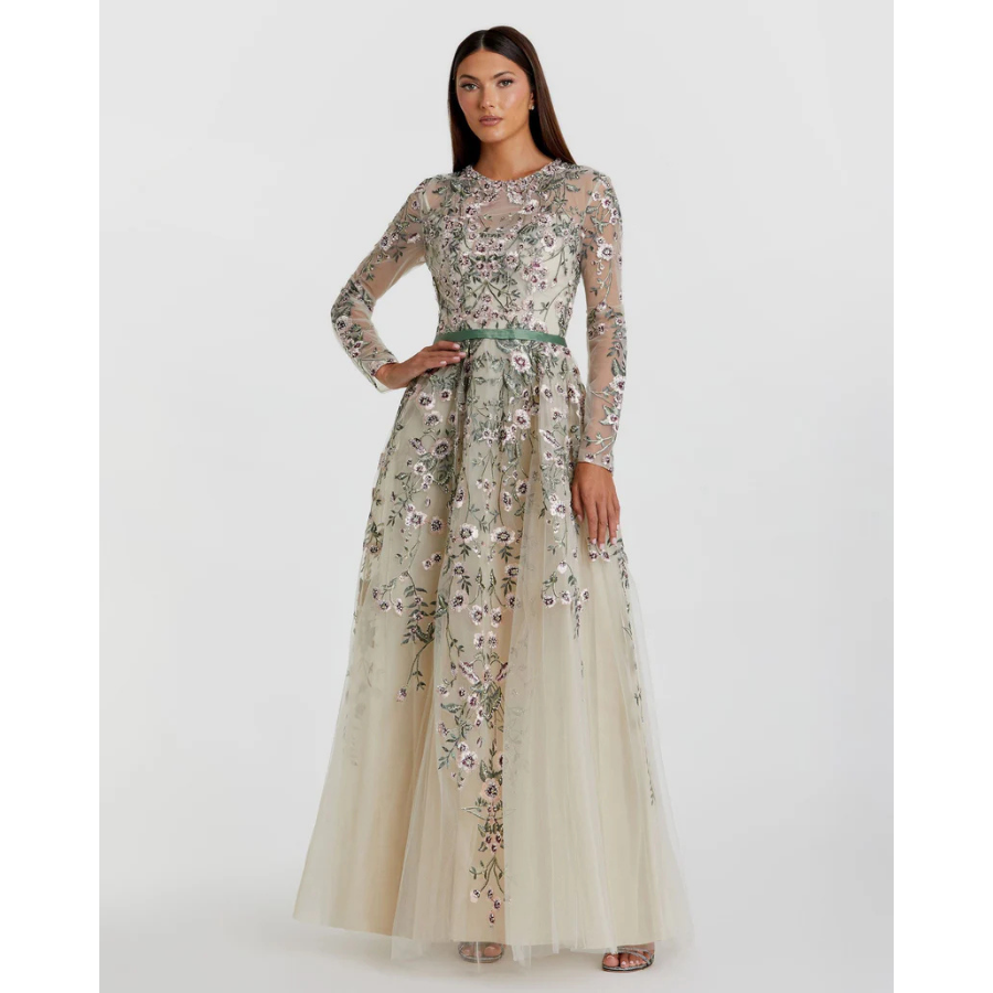 Brown Embellished Floral High Neck Gown formal