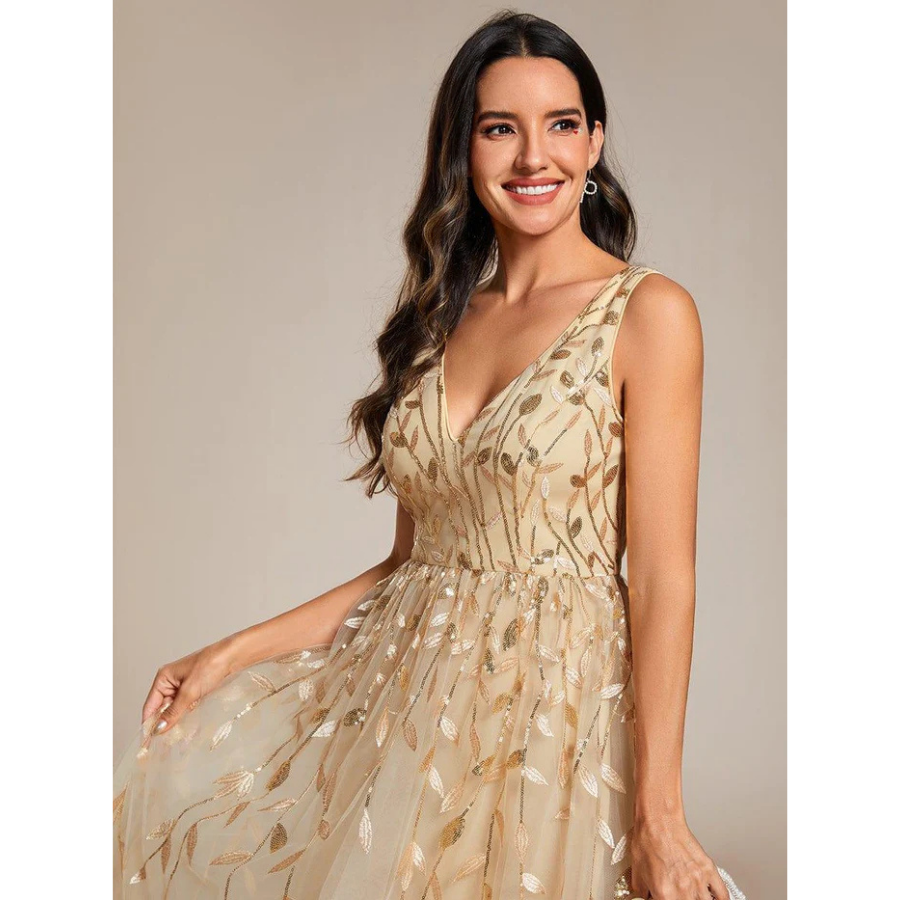 Sequined V-Neck A-Line Midi Wedding Guest Dress with Sleeveless