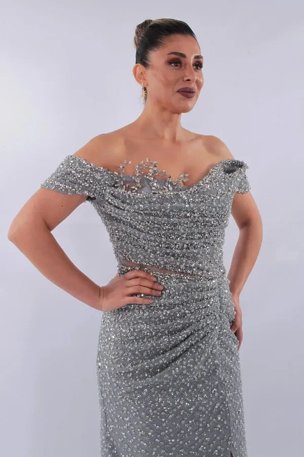 Thick Strap Chest and Waist Draped Slit Imported Women's Evening Dress